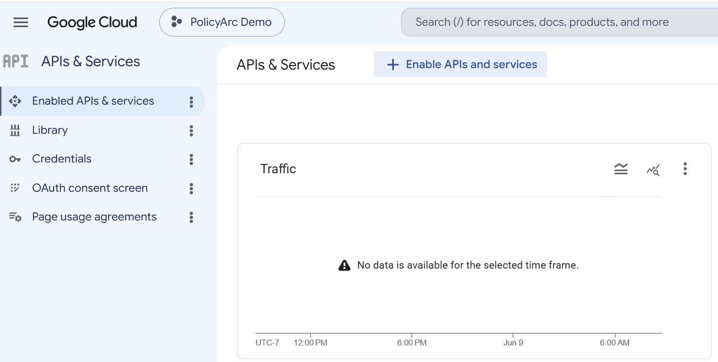 APIs &amp; Services dashboard with the Enable APIs and services button