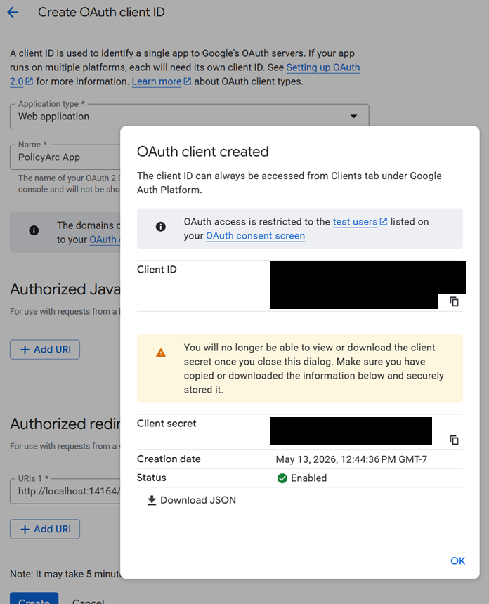 Client credentials popup