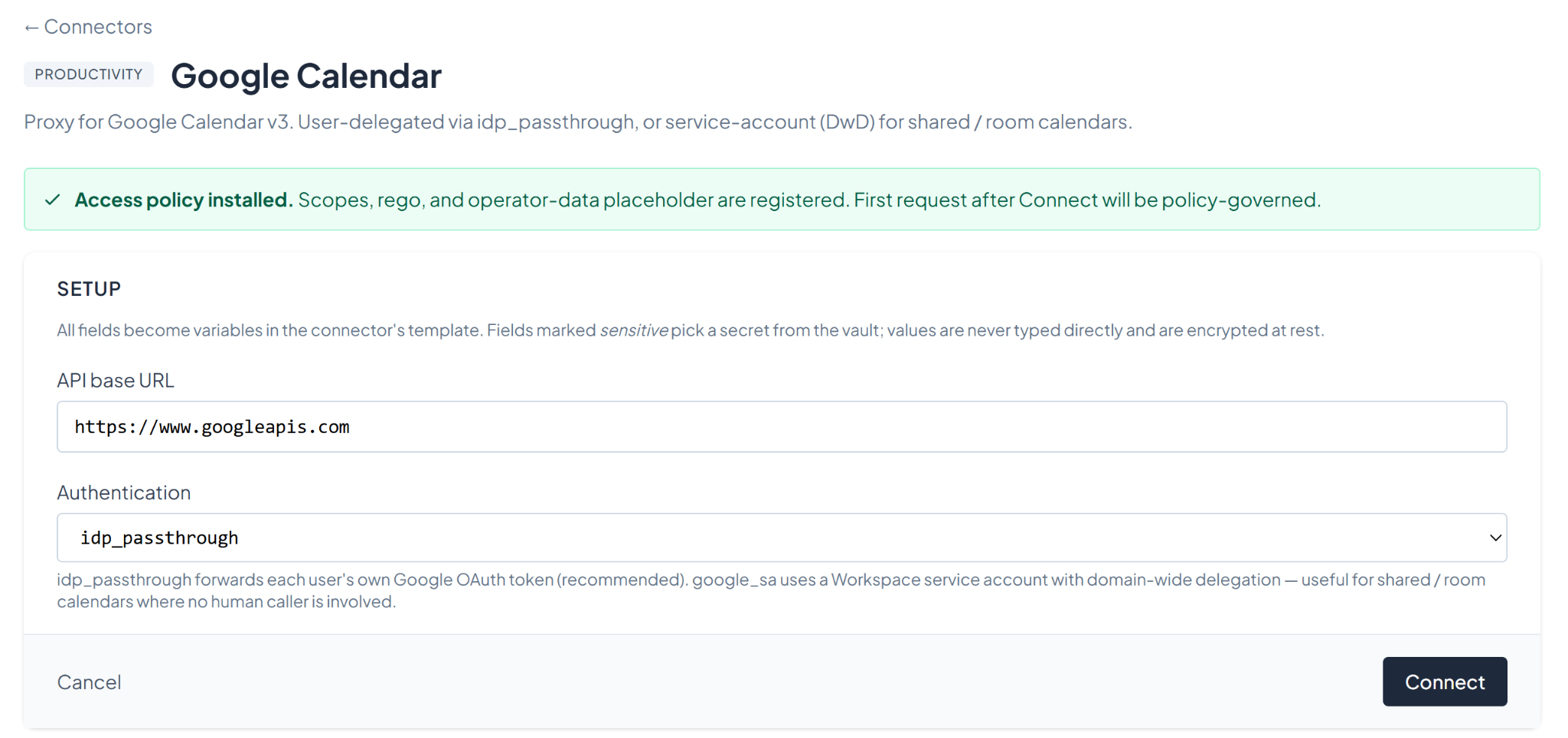 Connector list — Google Calendar ready