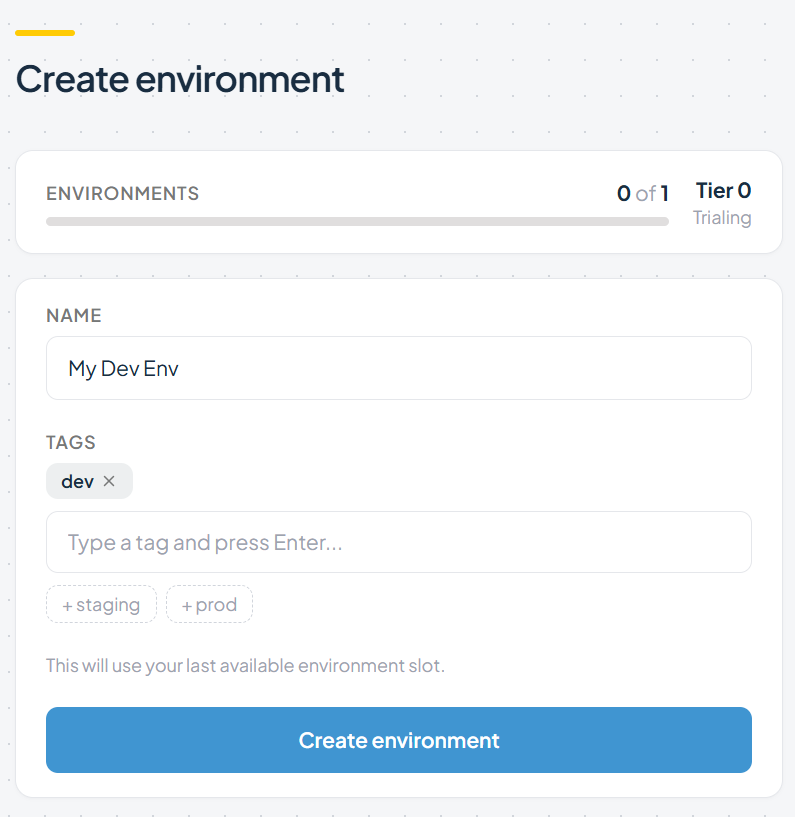 Create environment form