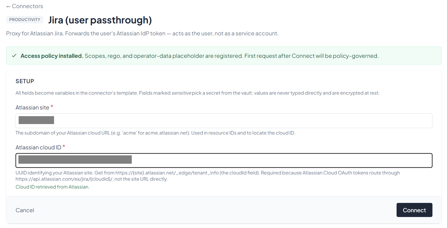 Site and Cloud ID form